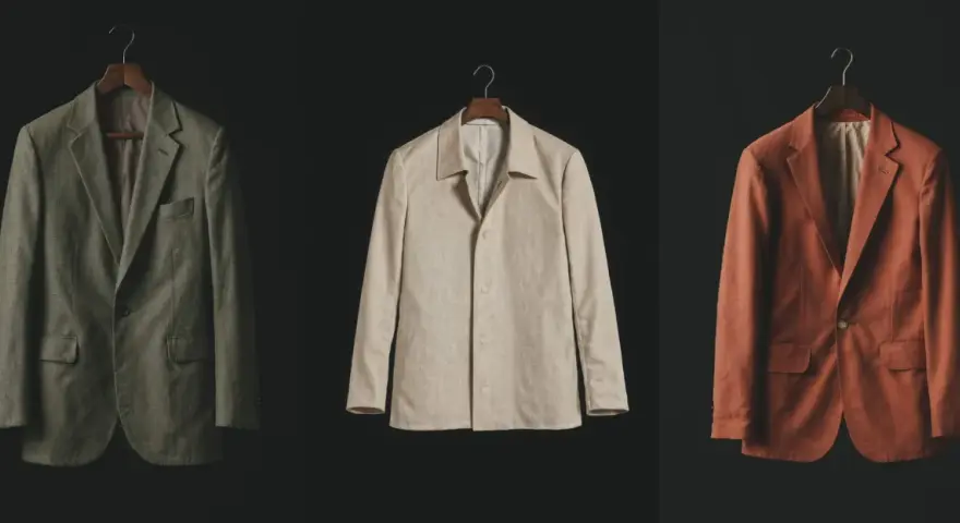 Tres chaquetas de lino en tonos verde, beige y terracota, un ejemplo de slow fashion atemporal y de calidad.