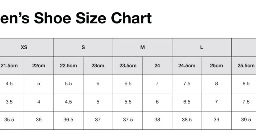 Tabla de tallas de calzado femenino. UK 5 es talla 38.5 EUR, 6 US, 24.5 cm Japón.