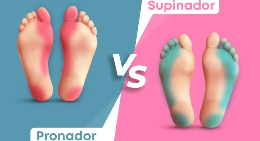 Comparación de tipos de pisadas al caminar: pronador (rojo) y supinador (azul).
