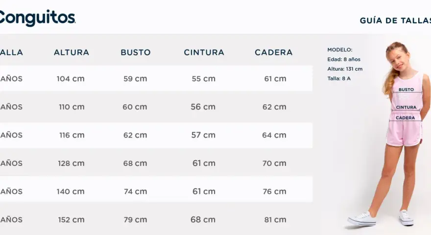 Guía de tallas Conguitos para talla niño. Tabla con medidas de altura, busto, cintura y cadera para edades de 4 a 12 años.