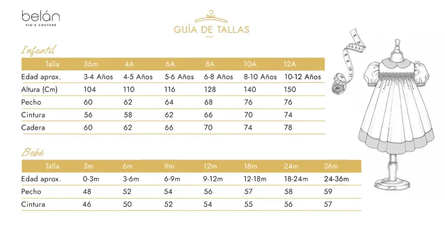 Guía de tallas infantil y bebé. Tabla con medidas de pecho, cintura y cadera para cada edad, desde 0-3 meses hasta 10-12 años. Ideal para elegir la talla s niño edad correcta.