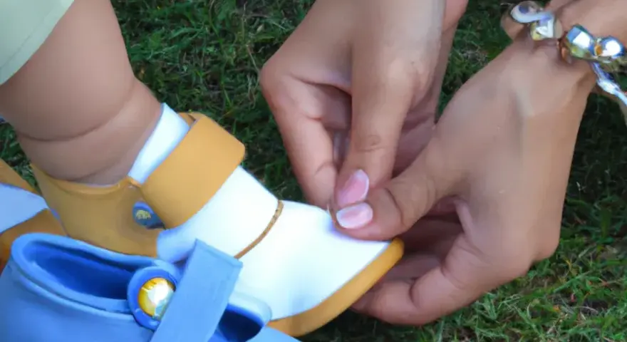 Manos cuidadosas ponen zapatos a un bebé. Un zapato blanco y amarillo espera, mientras otro azul yace cerca.