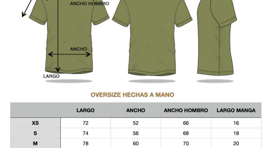 Tabla de medidas para camisetas oversize. Una talla 9 1/2 en Europa podría corresponder a una M o L según estas medidas.