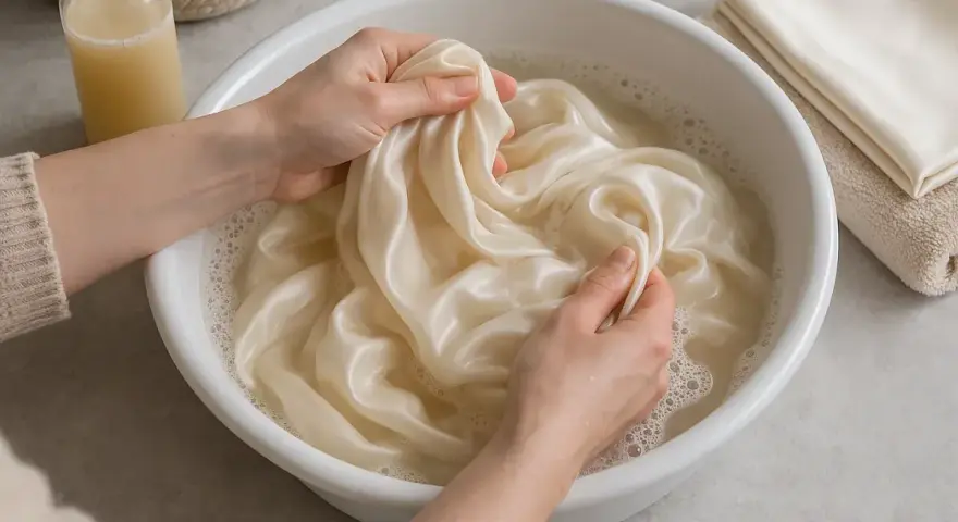Manos lavando seda en agua con vinagre para un cuidado delicado.