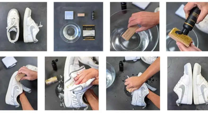 Proceso de lavar zapatillas a mano con cepillo y limpiador. Se muestra el material y los pasos para dejarlas como nuevas.