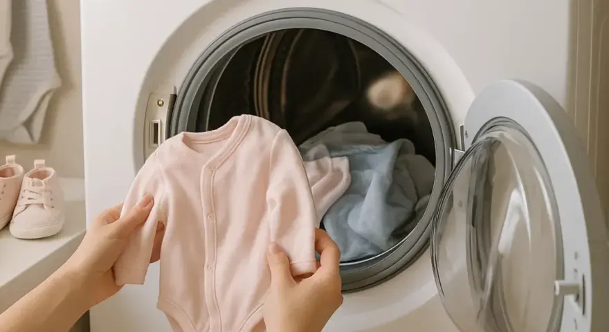 Manos sostienen un mameluco rosa para bebé, listo para meterlo en la lavadora. Aprende cómo lavar ropa de bebé fácilmente.