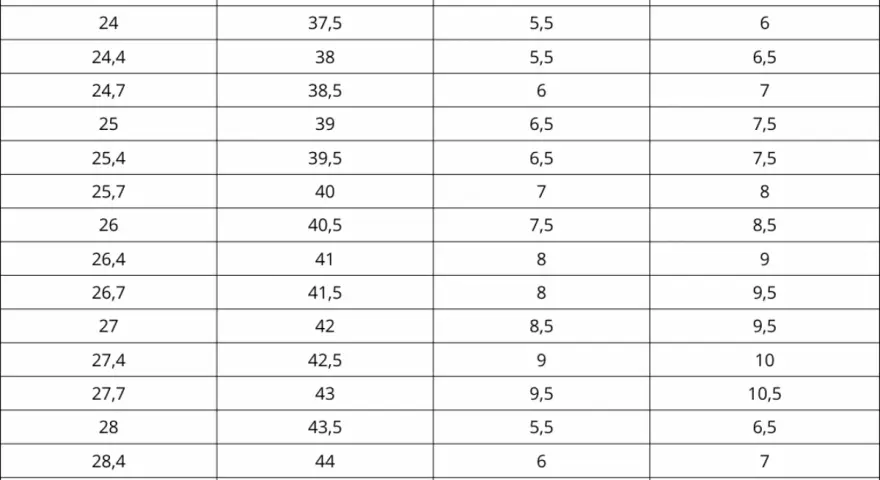 Tabla de tallas de calzado: de 8 americano a europeo, con medidas en centímetros y tallas europeas.
