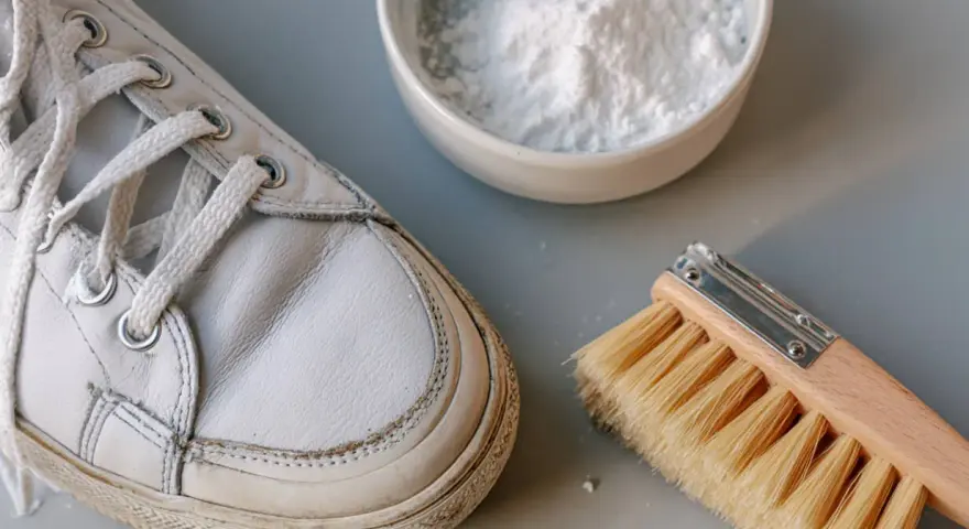 Un zapato de piel clara, un cepillo y un cuenco con polvo blanco, listo para aprender como limpiar zapatos de piel clara.
