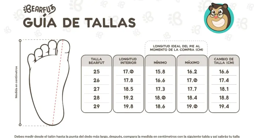 Guía de tallas Bearfuz. Muestra cómo medir el pie para encontrar la talla correcta, ideal para un niño de 6 años.