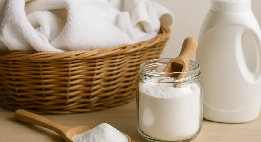 Cesta con ropa blanca, un frasco de bicarbonato y una botella de detergente. ¡Cuidado! el bicarbonato estropea la ropa de color.