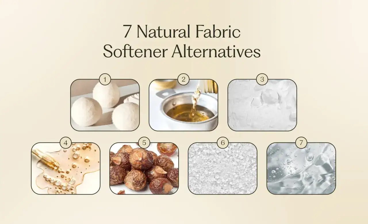 7 alternativas al suavizante: bolas de lana, vinagre, bicarbonato, aceites esenciales, nueces de lavado, sal de Epsom y gel de aloe vera.