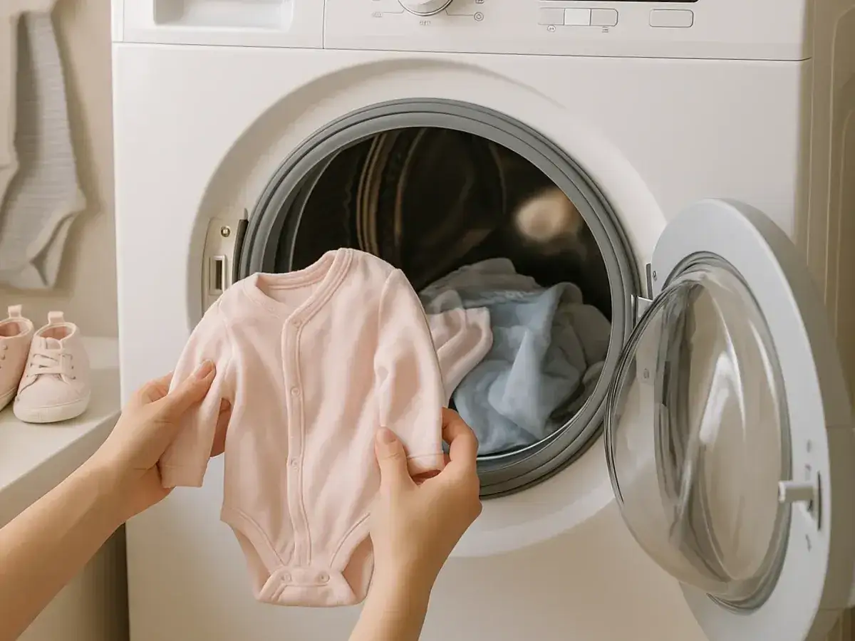 Manos sostienen un mameluco rosa para beb&eacute;, listo para lavar. Se pregunta a qu&eacute; temperatura se lava la ropa de beb&eacute;.