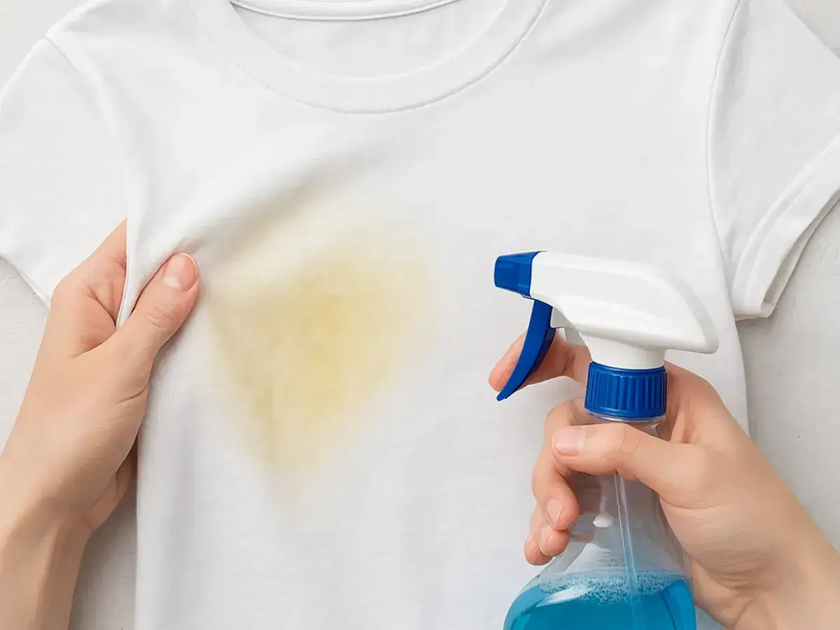 Manos aplicando spray a una playera blanca manchada de amarillo. Solución para limpiar playeras blancas.