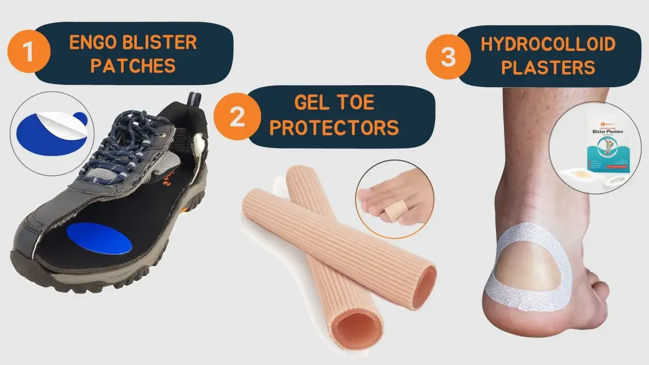 Protección para el pie: parches para ampollas en zapatos, protectores de dedos y apósitos hidrocoloides para el talón.