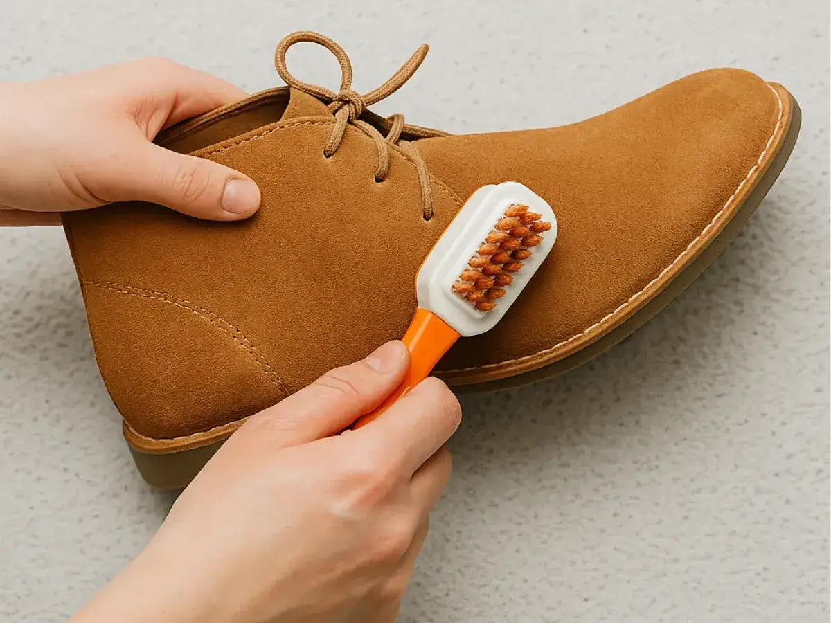 Manos cepillando un ante marr&oacute;n. Un m&eacute;todo para limpiar ante con bicarbonato es usar un cepillo suave.