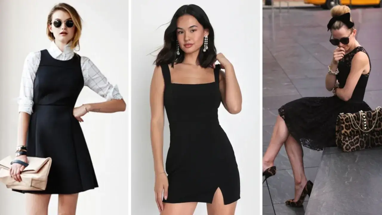 Tres looks con vestido negro: uno con camisa a cuadros y bolso, otro minimalista y uno más audaz con estampado animal. Complementos y zapatos para vestido negro.