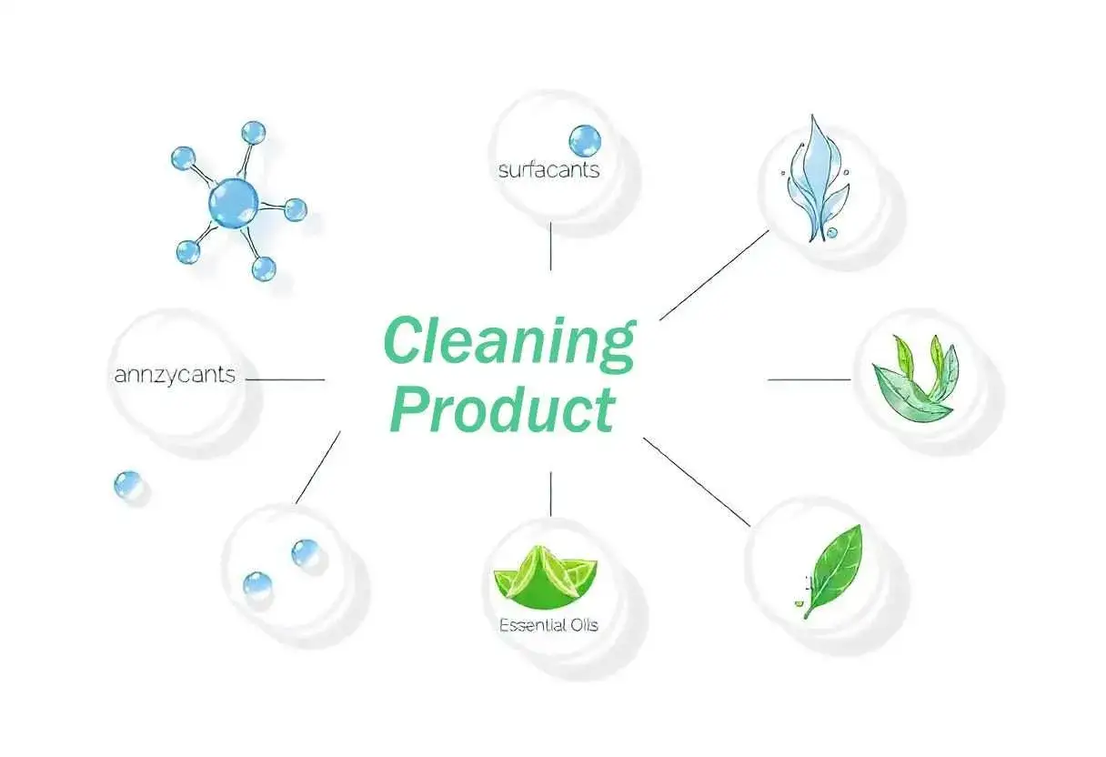 Diagrama de los componentes de los detergentes y sus funciones: surfactantes, aceites esenciales y otros.