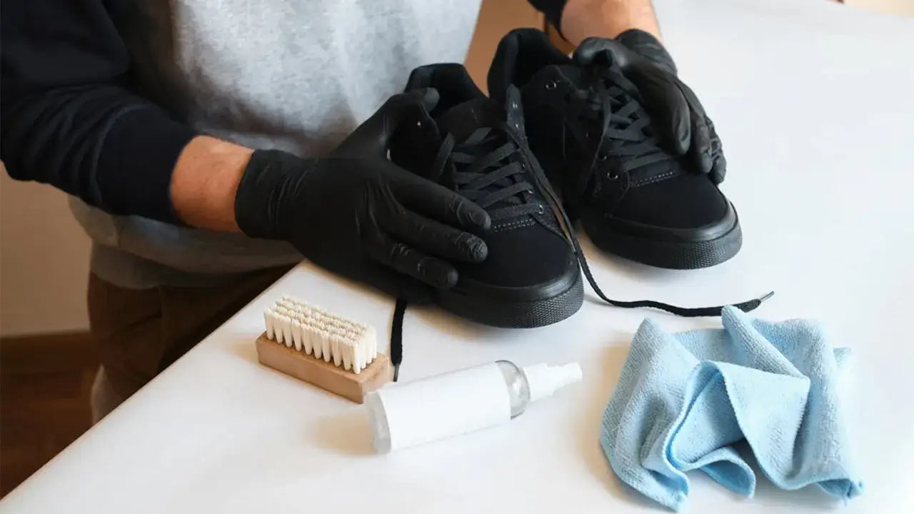 Manos enguantadas limpian zapatos de piel vuelta con amoniaco, cepillo y pa&ntilde;o azul.