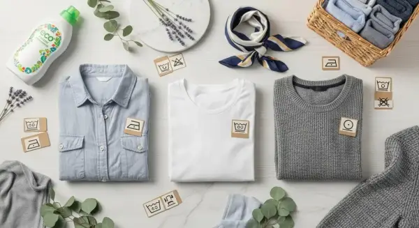 Organiza tu ropa para lavarla: camisa azul, camiseta blanca y suéter gris con símbolos de cuidado. Detergente ecológico y lavanda.