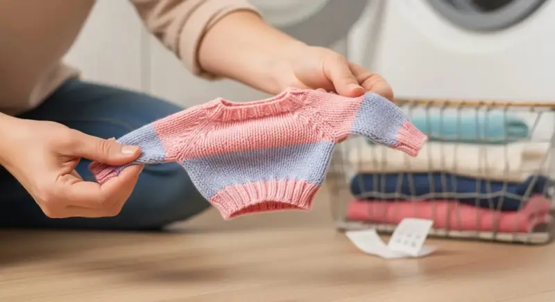 Manos sostienen un suéter diminuto, quizás para entender a qué temperatura encoge la ropa. Cerca, una cesta con ropa doblada.