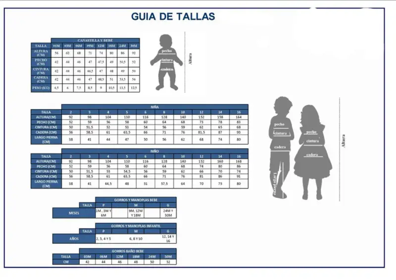 Guía de tallas con siluetas de niños y tablas. Busca la talla niño 6 años en la sección "Niña" o "Niño".