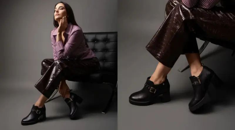 Outfits: mujer con botines negros y pantalones de efecto piel. Un look moderno para lucir botines con vaqueros.