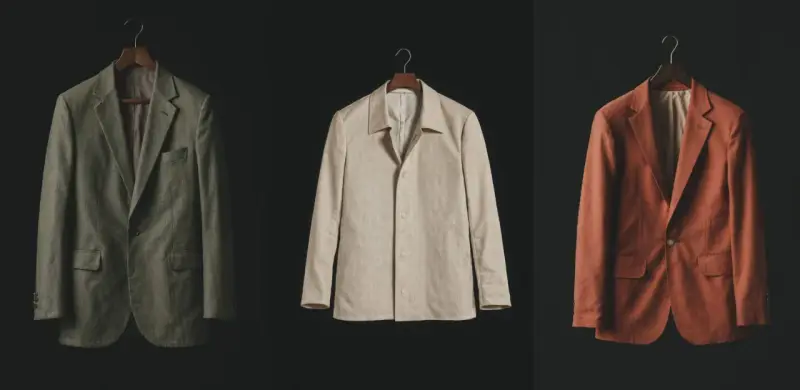 Tres chaquetas de lino en tonos verde, beige y terracota, un ejemplo de slow fashion atemporal y de calidad.