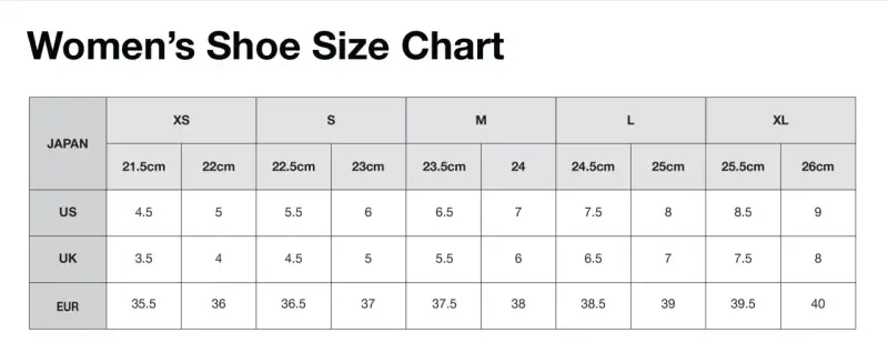 Tabla de tallas de calzado femenino. UK 5 es talla 38.5 EUR, 6 US, 24.5 cm Japón.