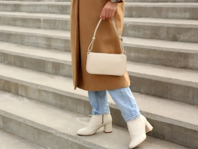 Mujer con abrigo camel, jeans y bolso crema, lista para combinar outfit con botas beige.