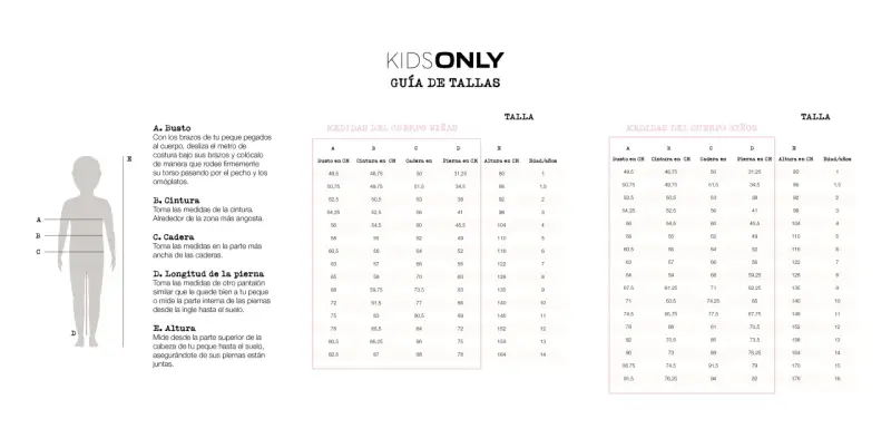 Guía de tallas para niños. Tabla de medidas para encontrar la talla correcta, ideal para un niño de 5 años.